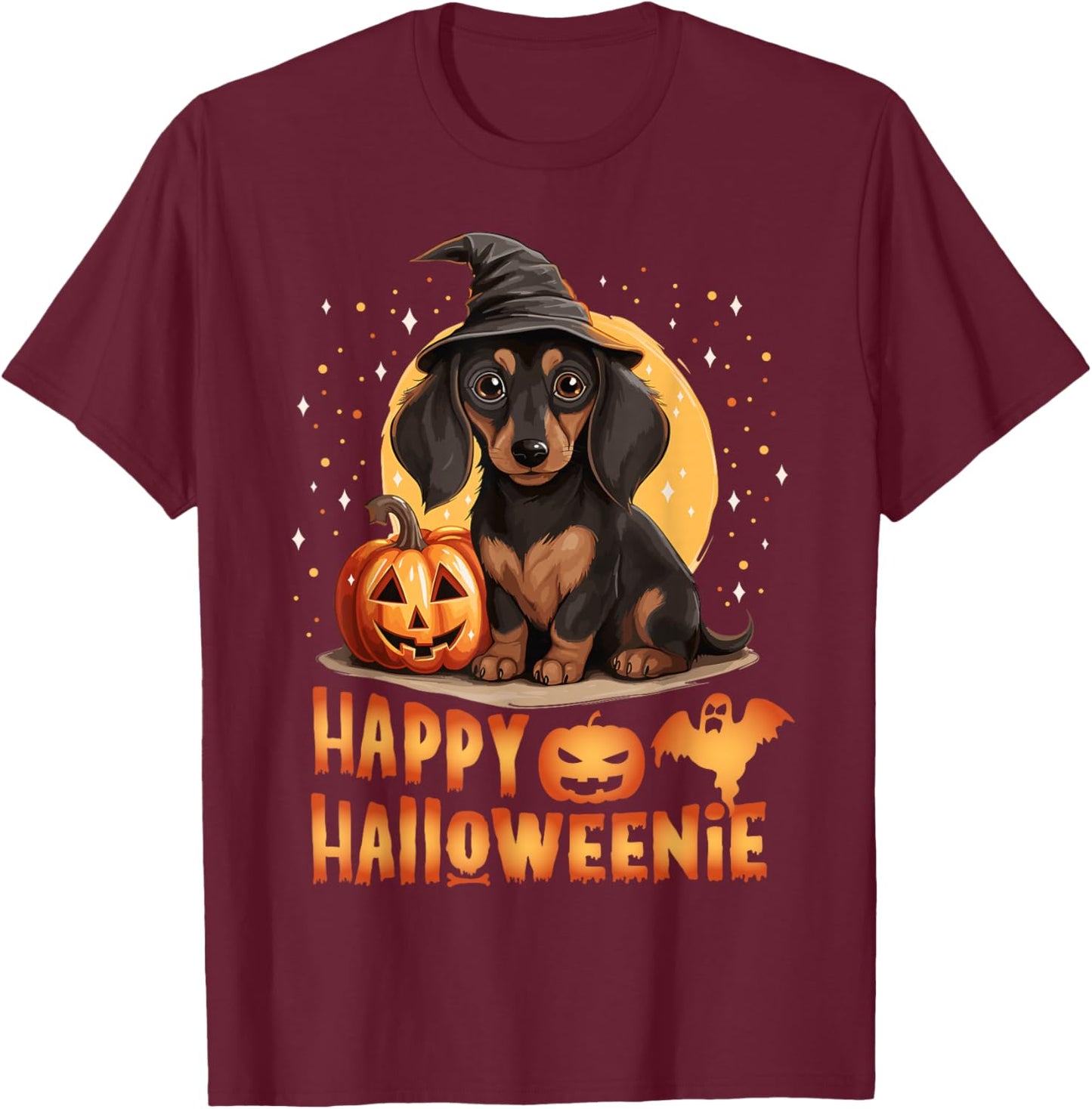 Happy Halloweenie Funny Dachshund Halloween 2024 Wiener Dog T-Shirt - T-Shirt | Maroon