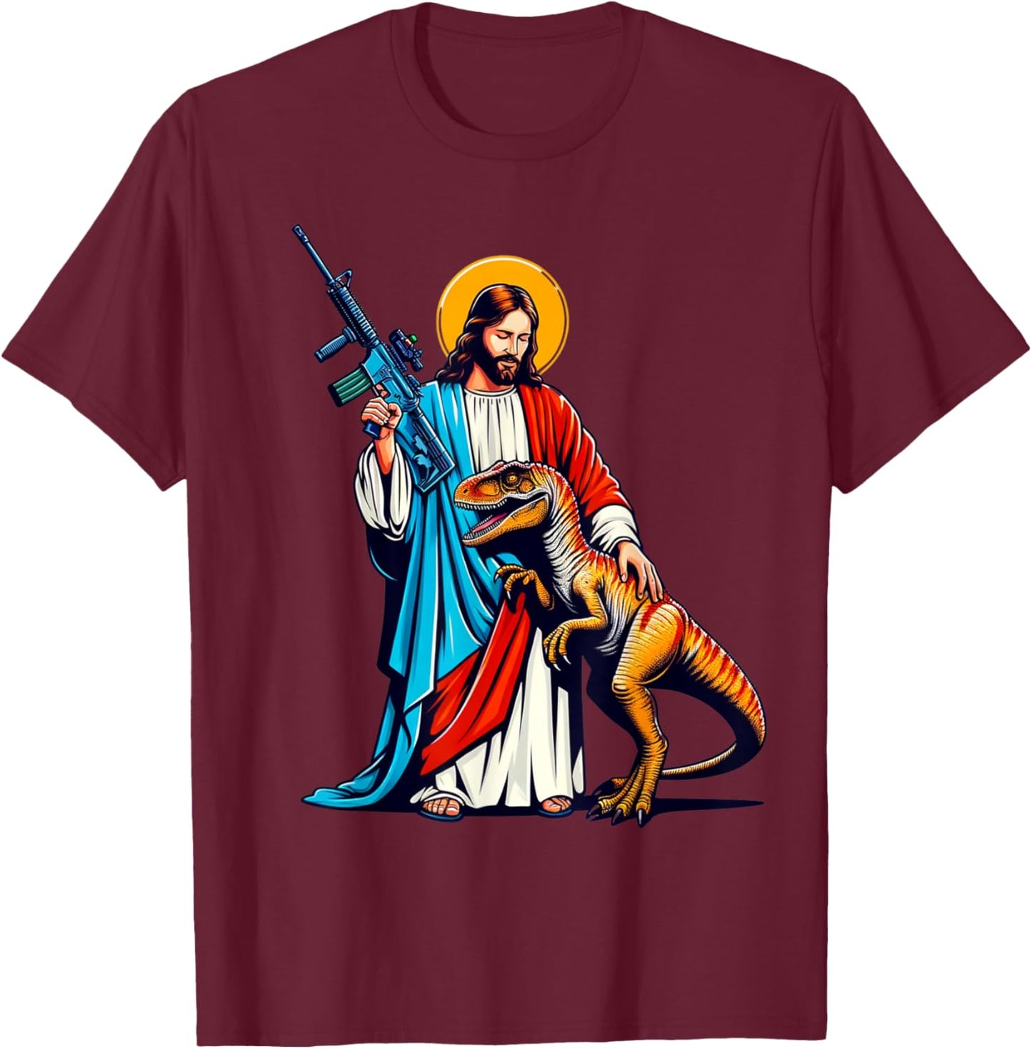 Jesus and Raptor Shirt, Funny AR15 2nd Amendment Patriotic T-Shirt - T-Shirt | Maroon