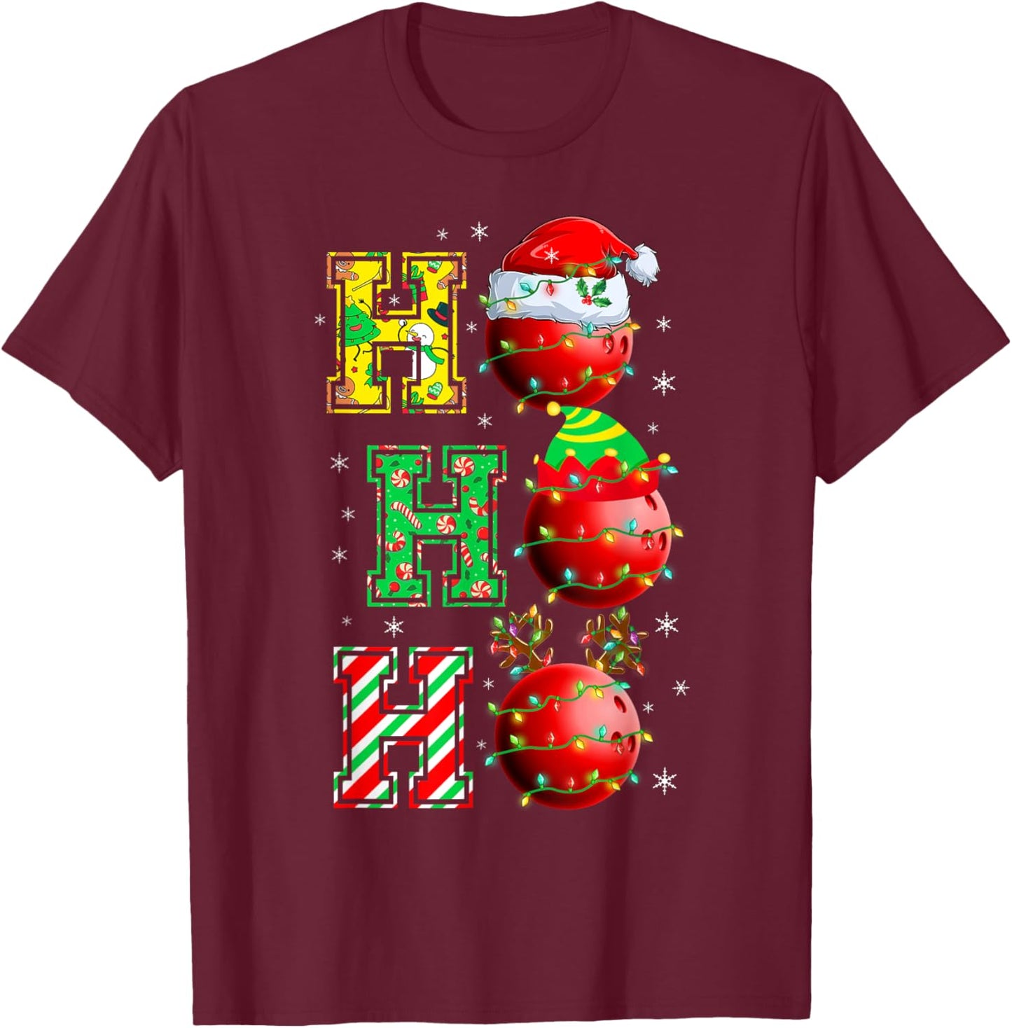 HOHOHO Santa Elf Reindeer Bowling Balls & Christmas Lights T-Shirt - T-Shirt | Maroon