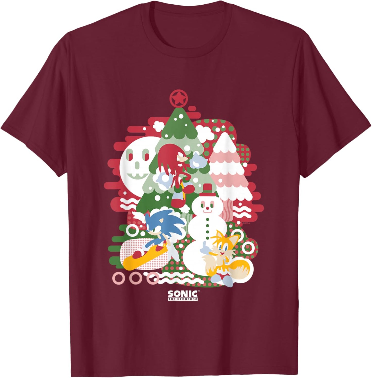 Sonic The Hedgehog Christmas Sonic & Friends Enjoying Winter T-Shirt - T-Shirt | Maroon
