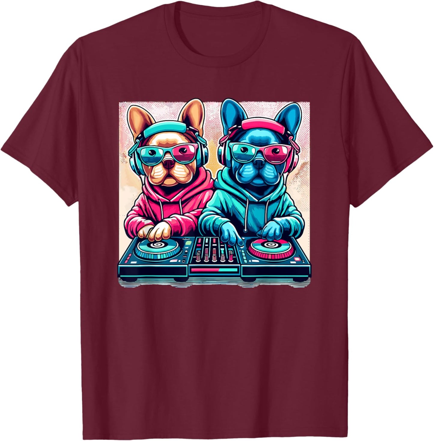 Funny DJ French Bulldog Disco Sound Tech Headphone Music T-Shirt - T-Shirt | Maroon