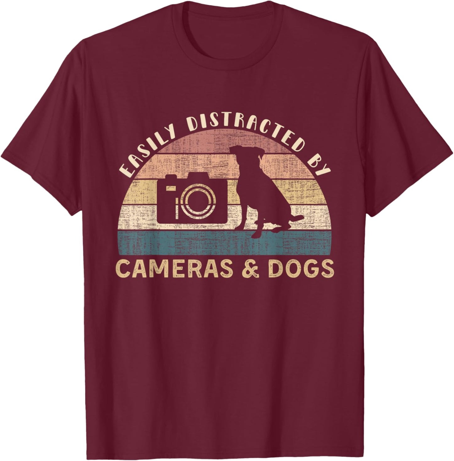 Easily Distracted By Cameras & Dogs Retro Funny Photographer T-Shirt - T-Shirt | Maroon