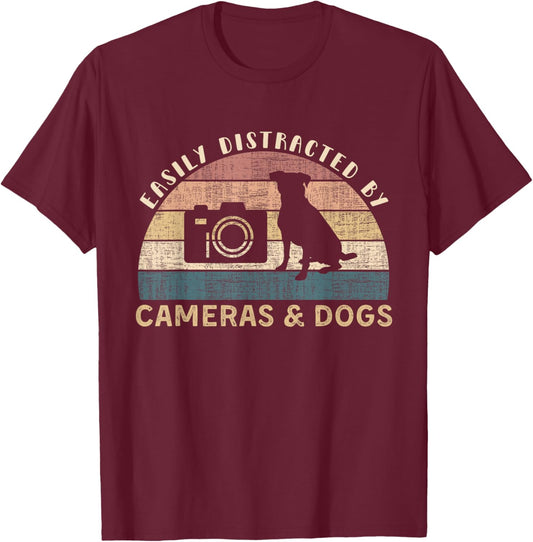 Easily Distracted By Cameras & Dogs Retro Funny Photographer T-Shirt - T-Shirt | Maroon