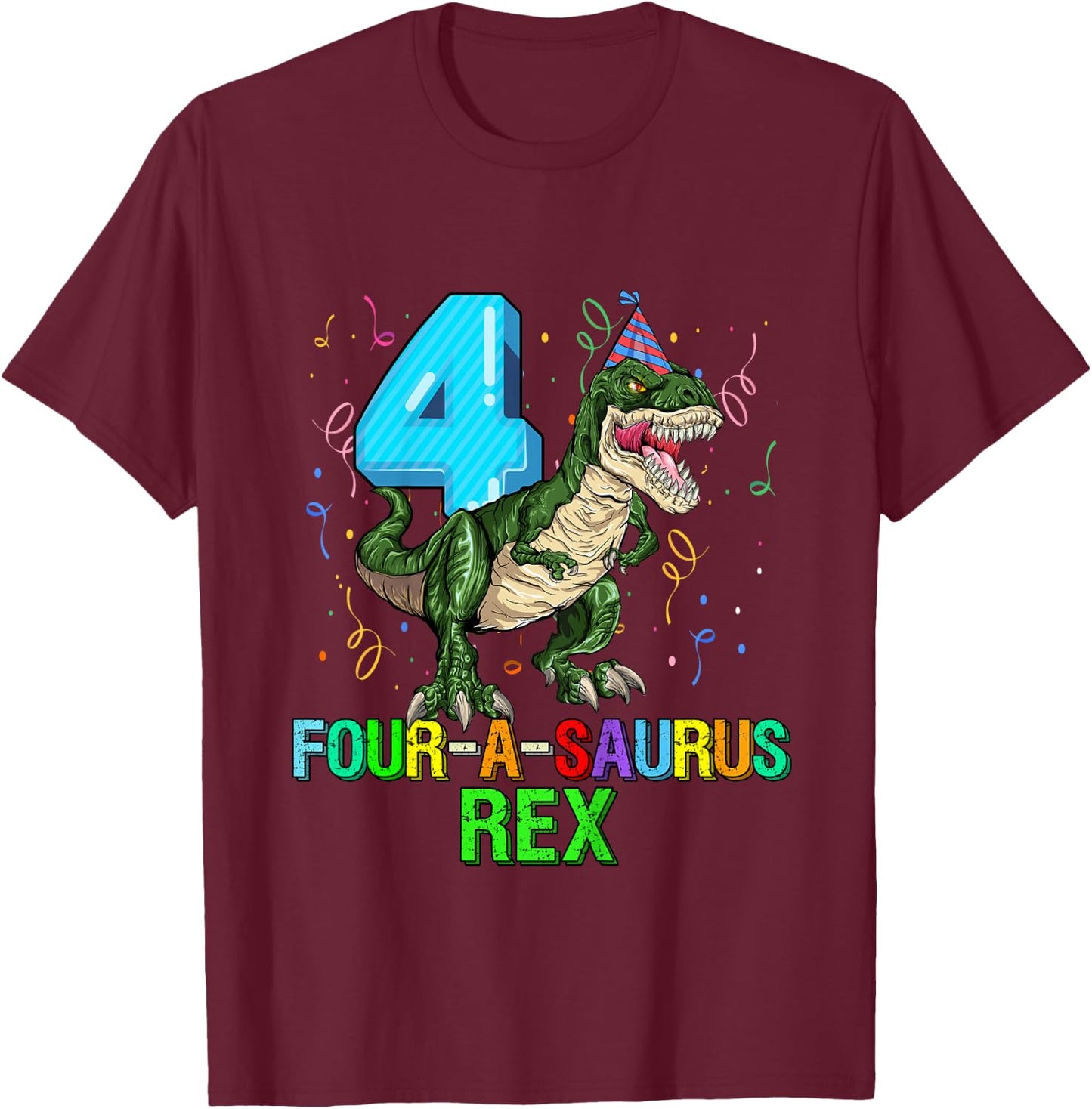 Kids 4 Year Old Boy 4th Birthday Dinosaur Gift Fourasaurus T-Shirt - T-Shirt | Maroon