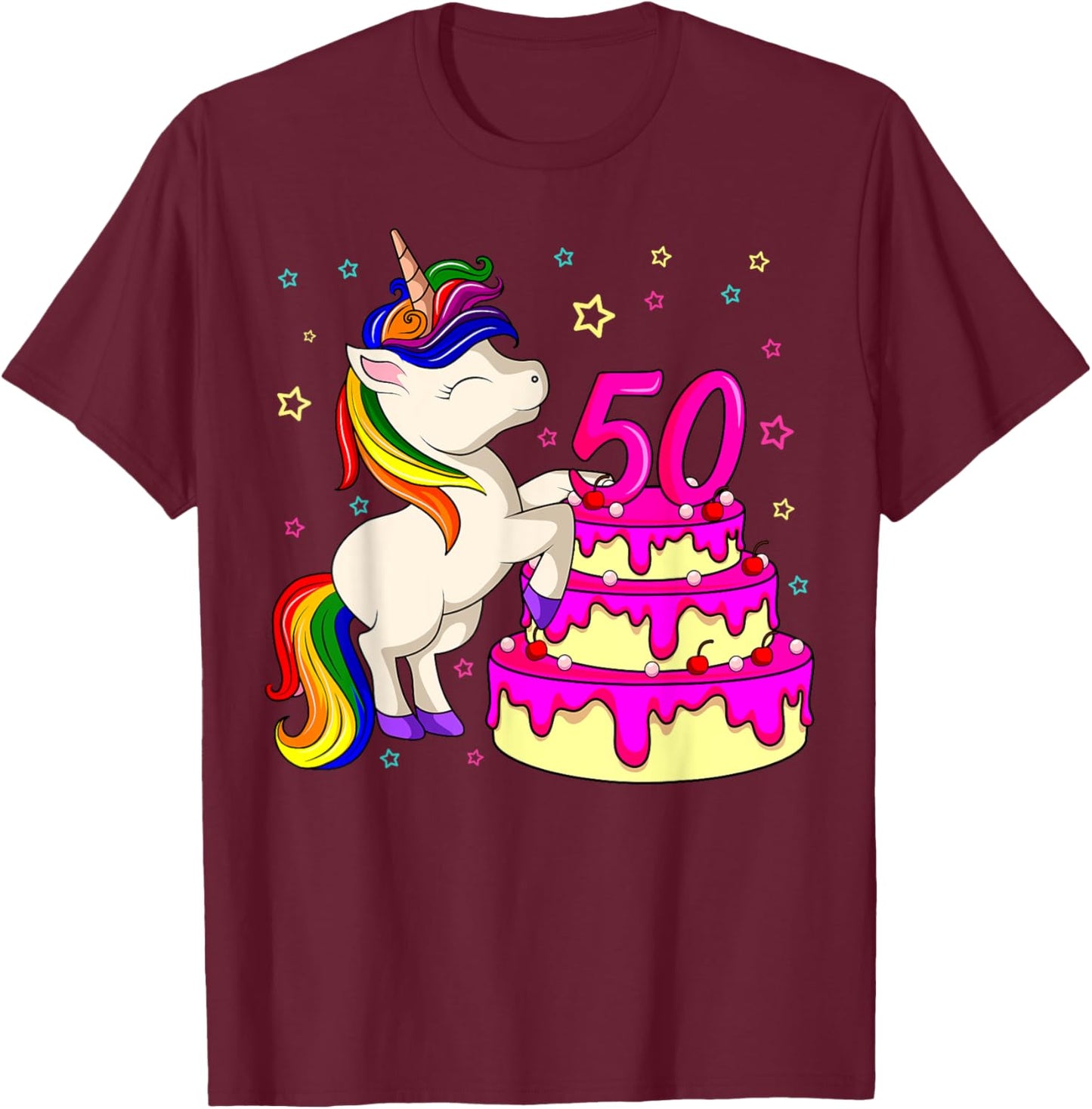 50th Bday Unicorn Rainbow Cake Theme Birthday Party T-Shirt - T-Shirt | Maroon