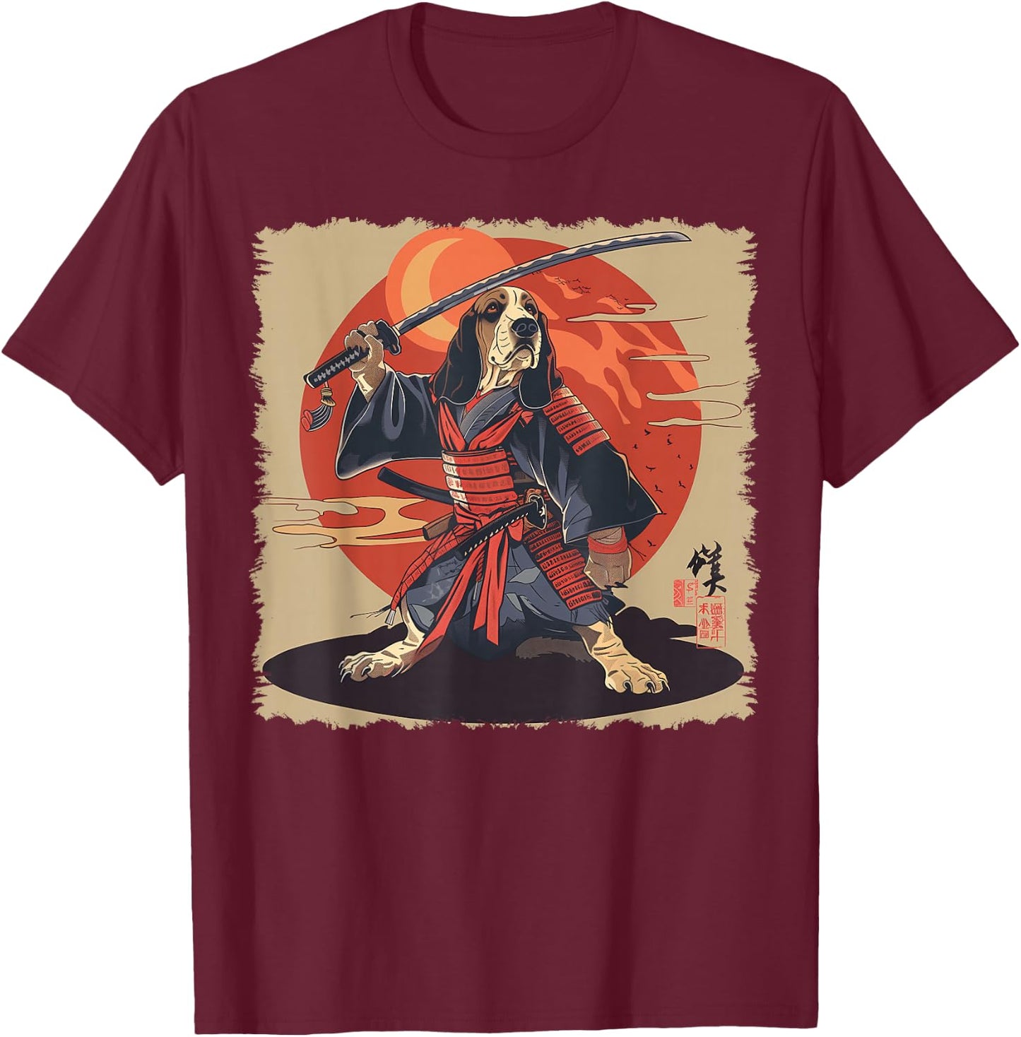 Basset Hound Dog Japanese Art Samurai Ukiyo-e T-Shirt - T-Shirt | Maroon