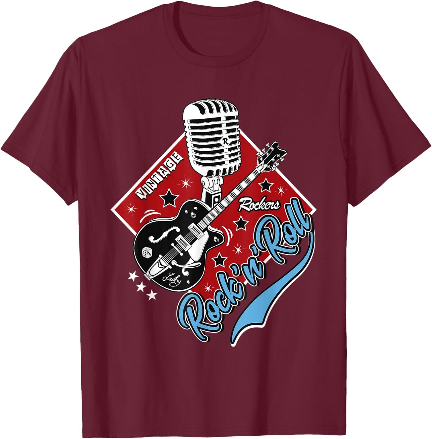 Guitar Rock and Roll Rockabilly Vintage Microphone Rocker T-Shirt - T-Shirt | Maroon