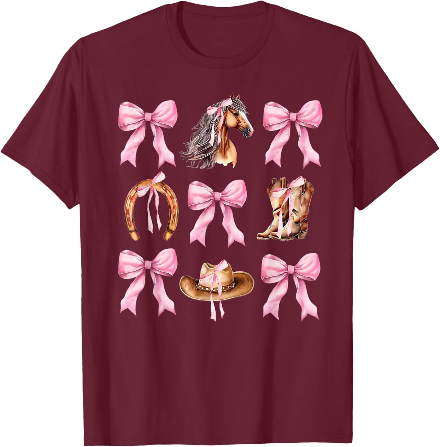Western Girl Country Rodeo Pink Cowgirl Horse Coquette Bow T-Shirt - T-Shirt | Maroon