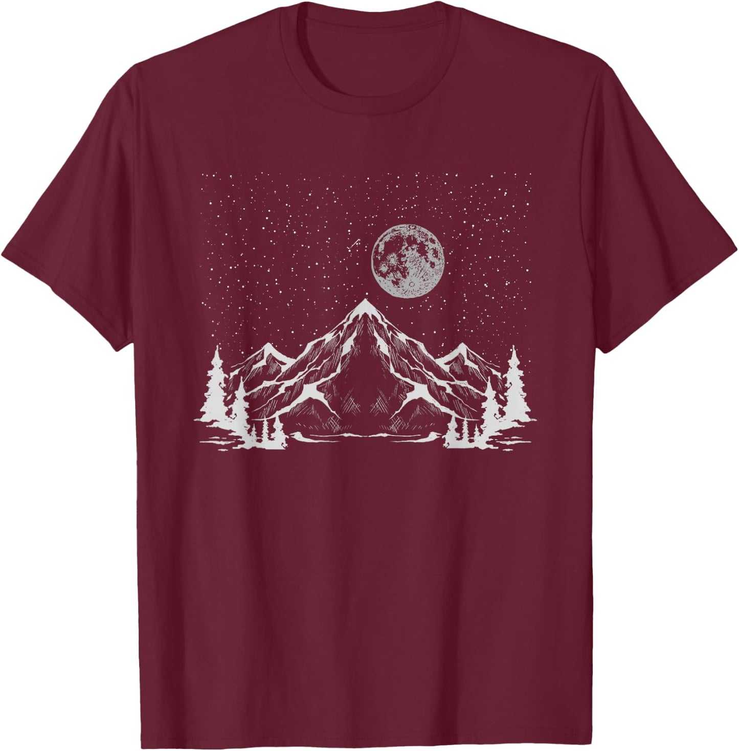 Night Outdoor Nature Trees Mountains Forest Moon Hiking T-Shirt - T-Shirt | Maroon
