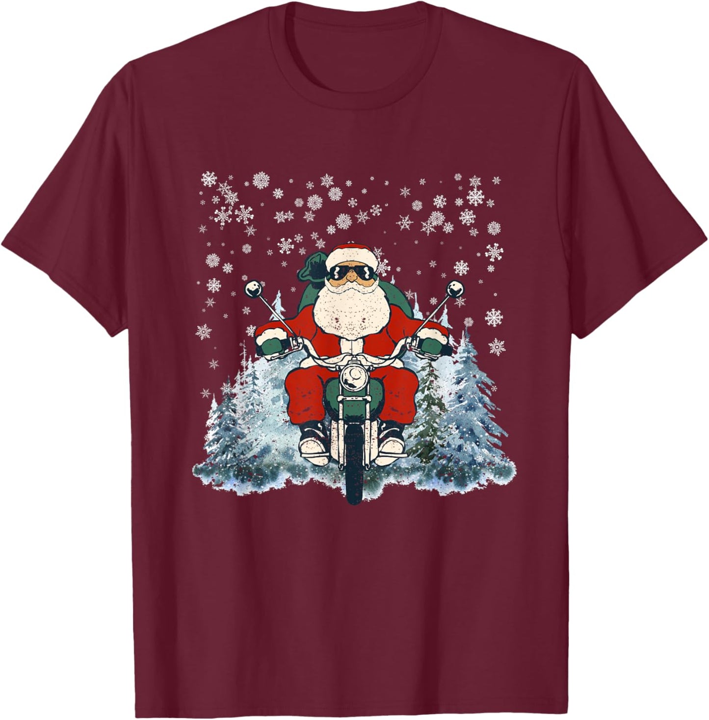 Biker Santa Claus On Motorcycle Funny Christmas Biking Ride T-Shirt - T-Shirt | Maroon