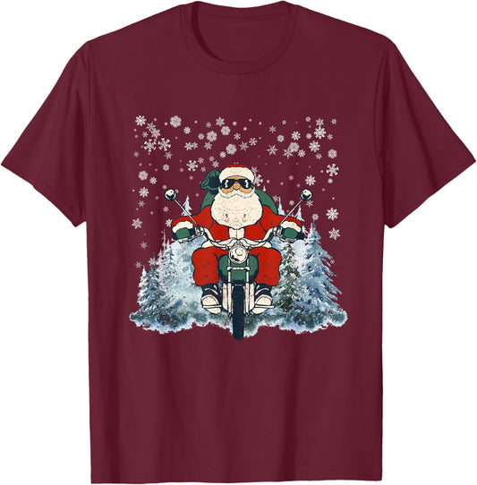 Biker Santa Claus On Motorcycle Funny Christmas Biking Ride T-Shirt - T-Shirt | Maroon