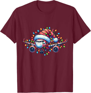 Funny Santa Airplane Xmas Lights Kids Toddler Boys Christmas T-Shirt - T-Shirt | Maroon