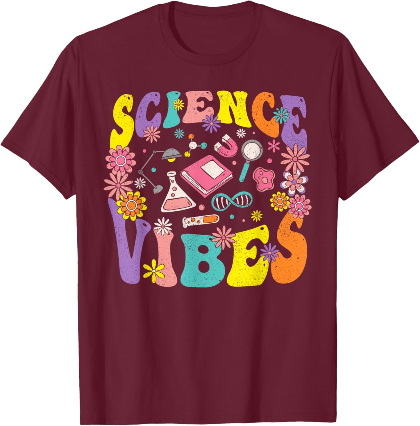 Science Vibes Retro 1st Day of Back To School Groovy Teacher T-Shirt - T-Shirt | Maroon