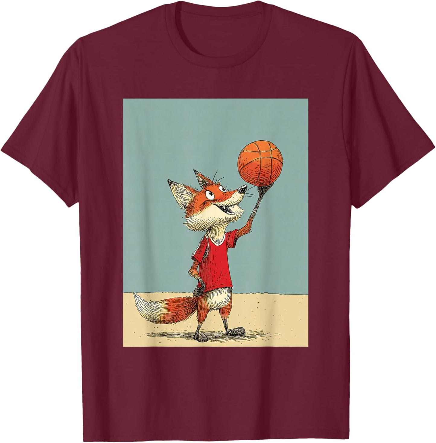 Cute Fox Sports Funny Basketball Cartoon Design T-Shirt - T-Shirt | Maroon