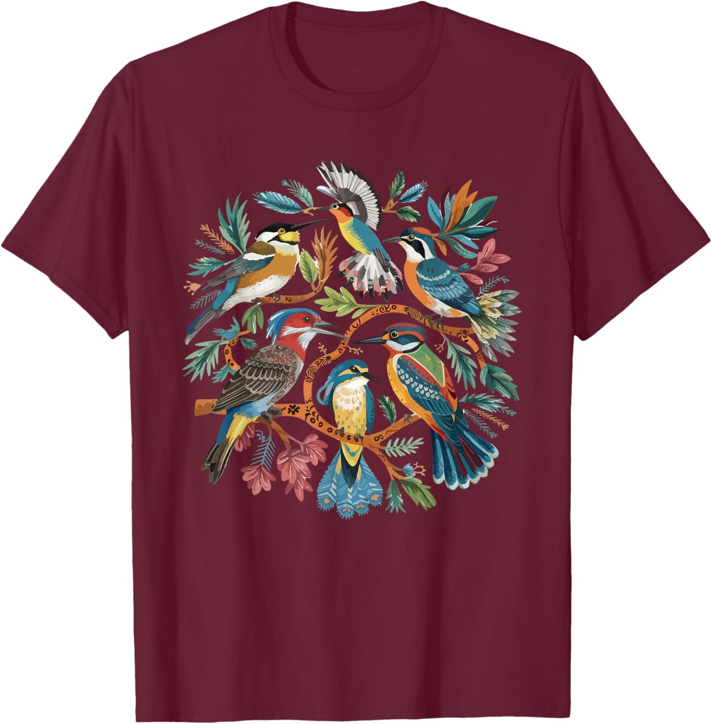 Enchanted Forest Bird Gathering Artistic Bird Watching T-Shirt - T-Shirt | Maroon