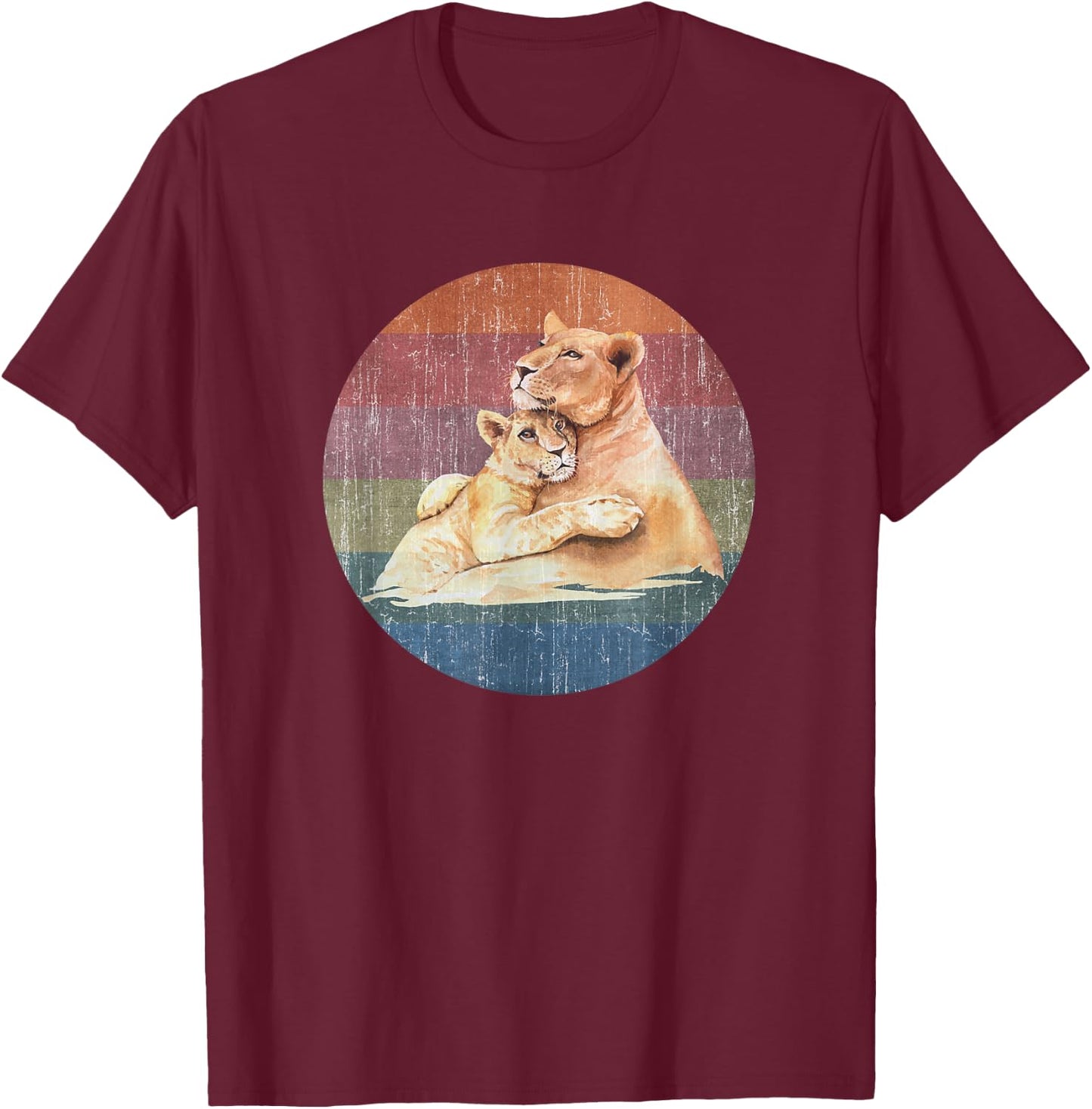 Lioness Lion Mom Baby Cub Watercolor On Distressed Sunset T-Shirt - T-Shirt | Maroon