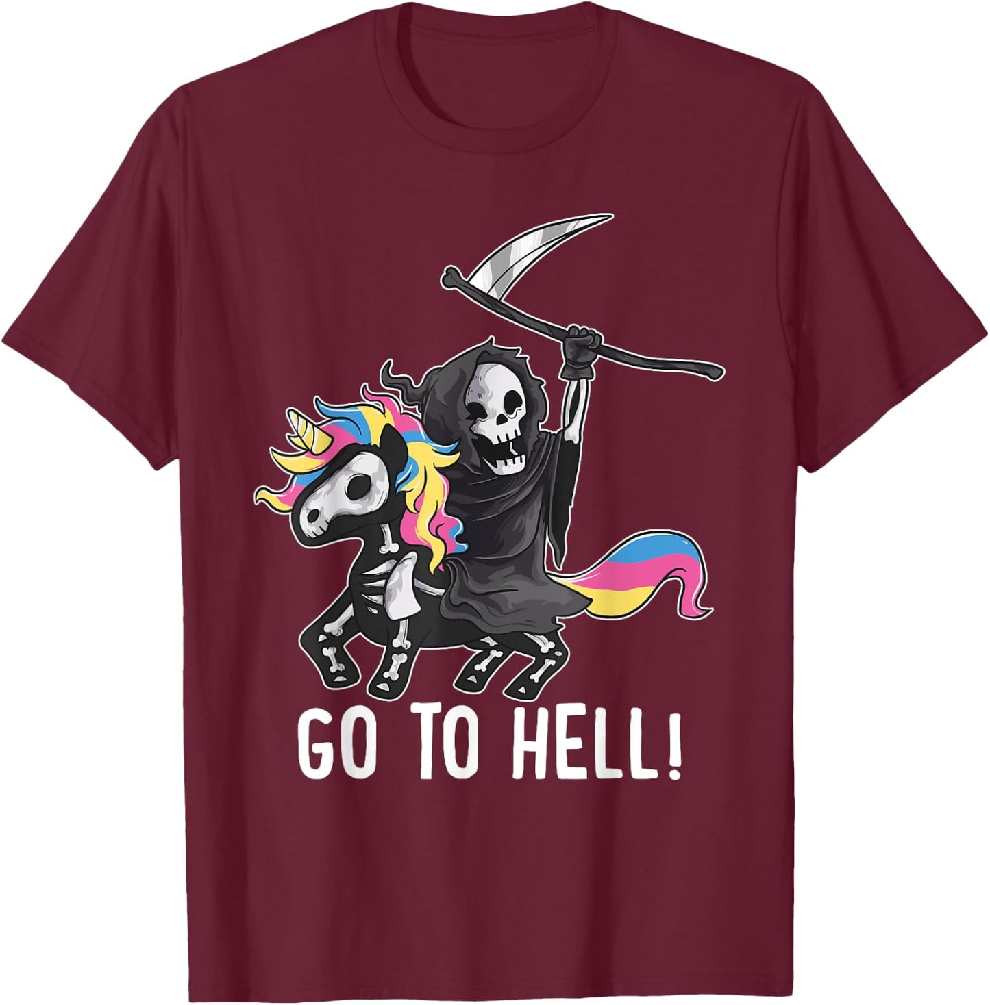 Gehe zum Hölle Unicorn Sugar Skull Grim Reaper Halloween T-Shirt - T-Shirt | Maroon