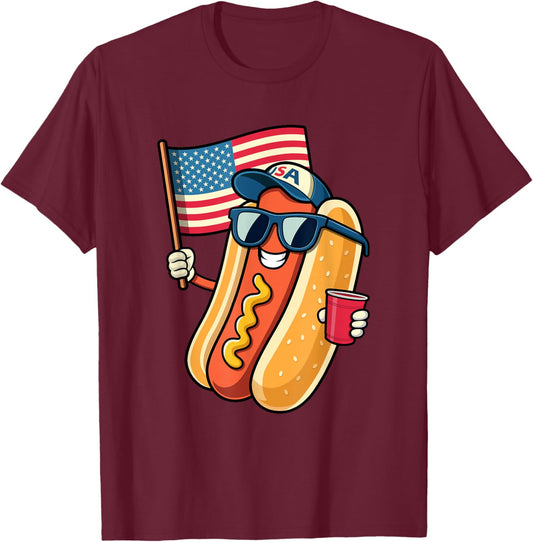 4th of July Hotdog Funny Fourth of July Patriotic USA Flag T-Shirt - T-Shirt | Maroon