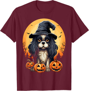 Halloween Cavalier King Charles Spaniel Witch Hat Pumpkin T-Shirt - T-Shirt | Maroon