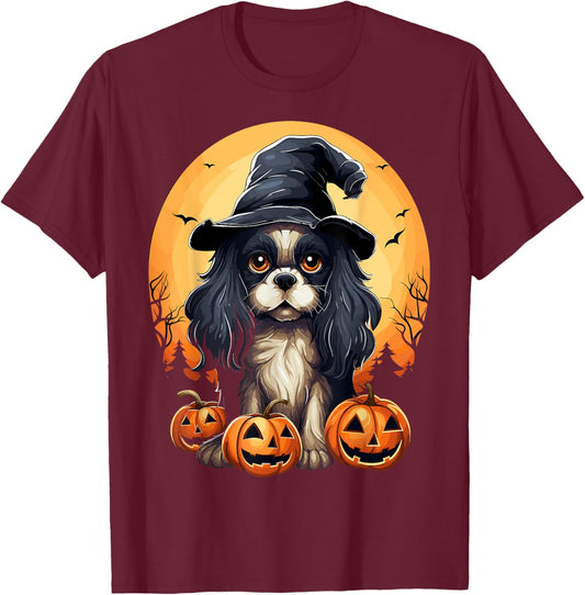 Halloween Cavalier King Charles Spaniel Witch Hat Pumpkin T-Shirt - T-Shirt | Maroon