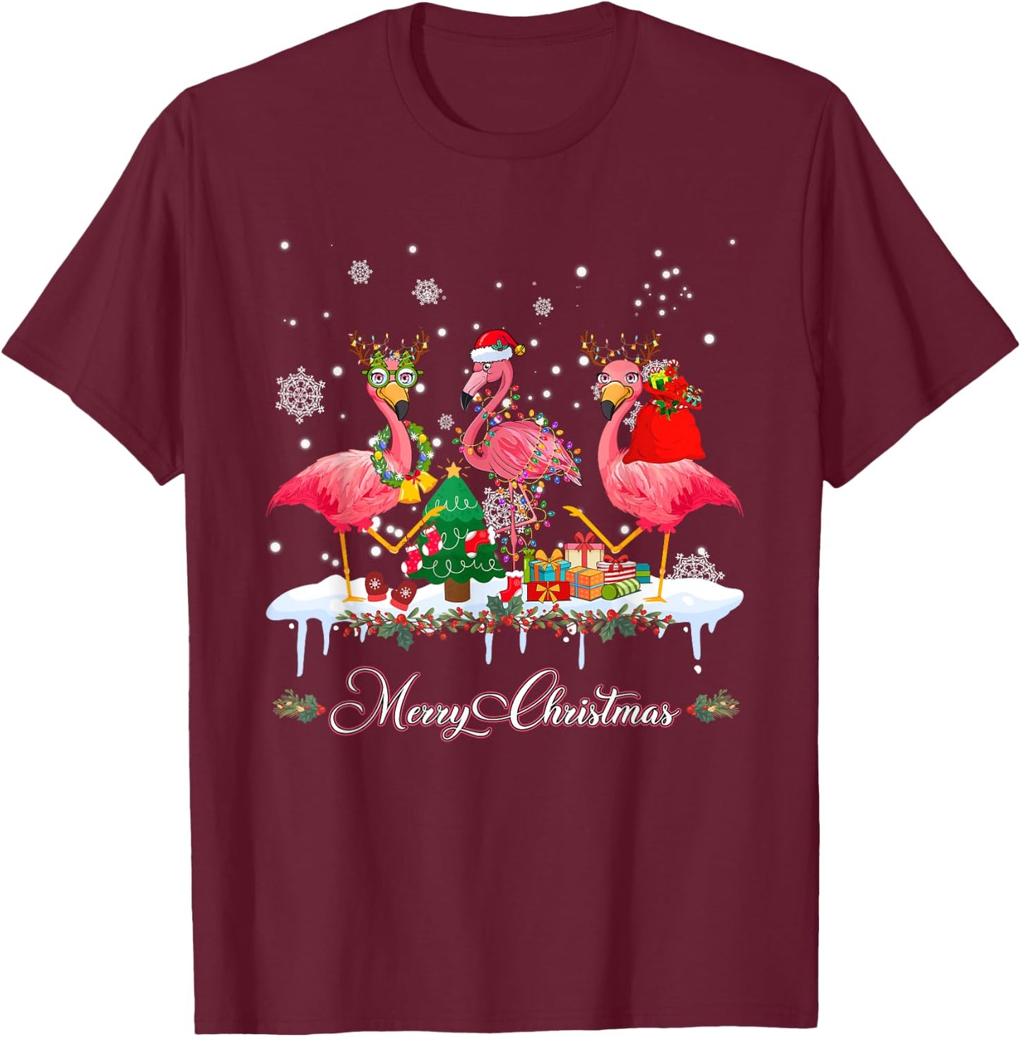 Merry Christmas Hat Santa Flamingo Light Christmas Snow T-Shirt - T-Shirt | Maroon