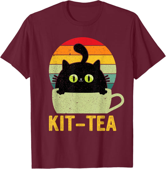 Kit Tea Black Kitty Cat Tea Lover Men Women Girls Kids T-Shirt - T-Shirt | Maroon