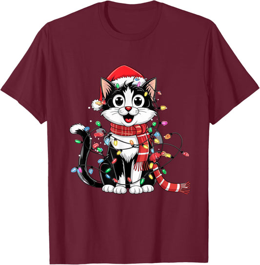 Cute Black and White Cat Christmas T-Shirt - T-Shirt | Maroon