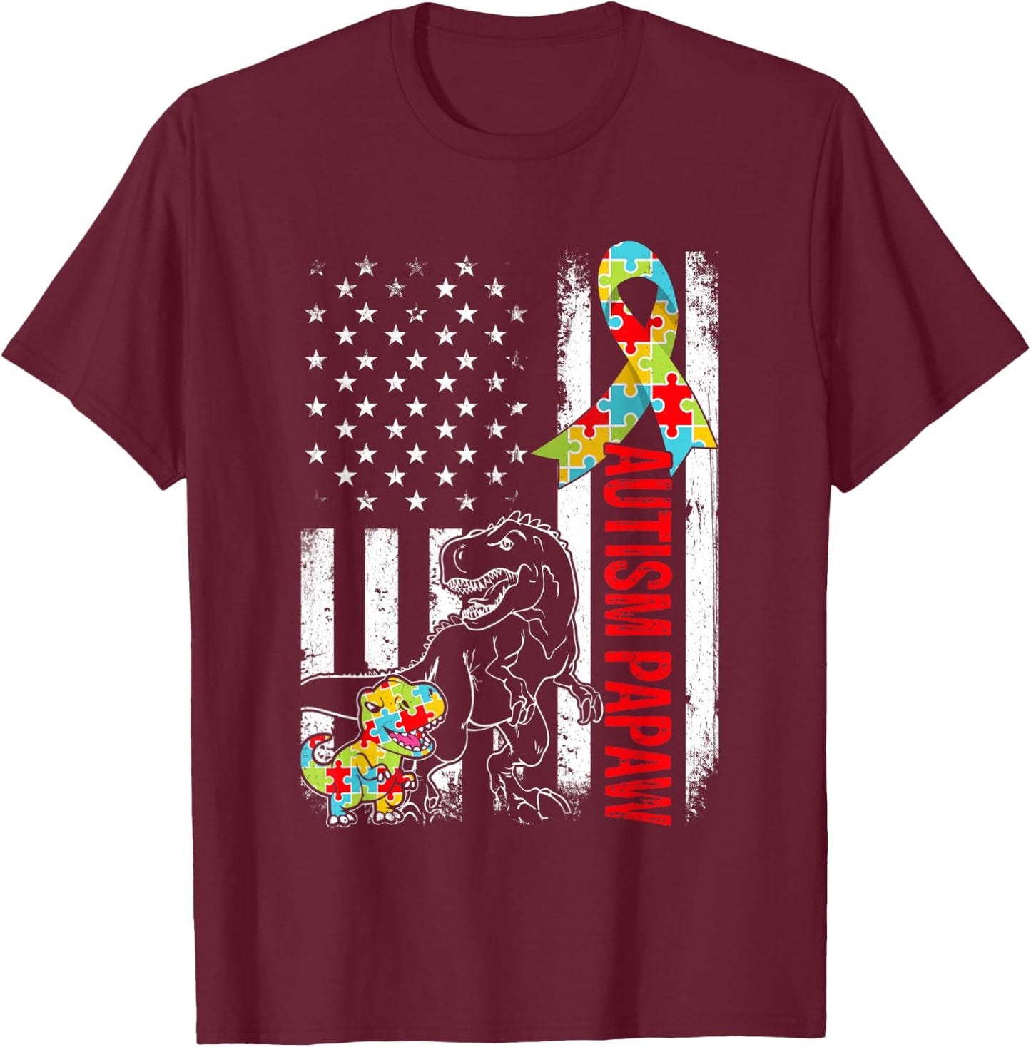 American Flag Autism Papaw Dinosaur Awareness Autistic Women Kids Men T-Shirt - T-Shirt | Maroon