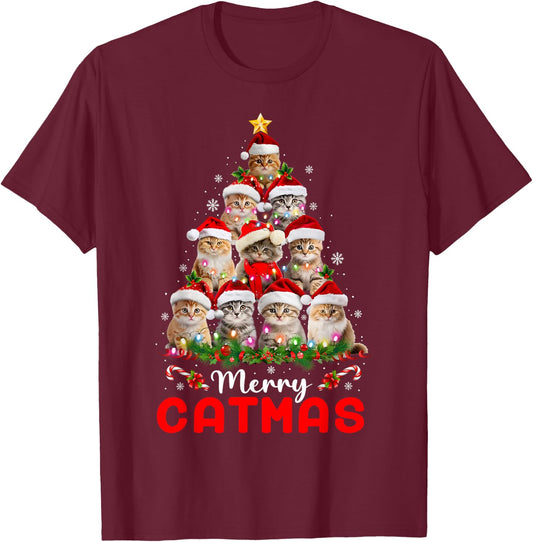 Meowy Catmas Cat Christmas Tree Lights Funny Xmas Pajamas T-Shirt - T-Shirt | Maroon