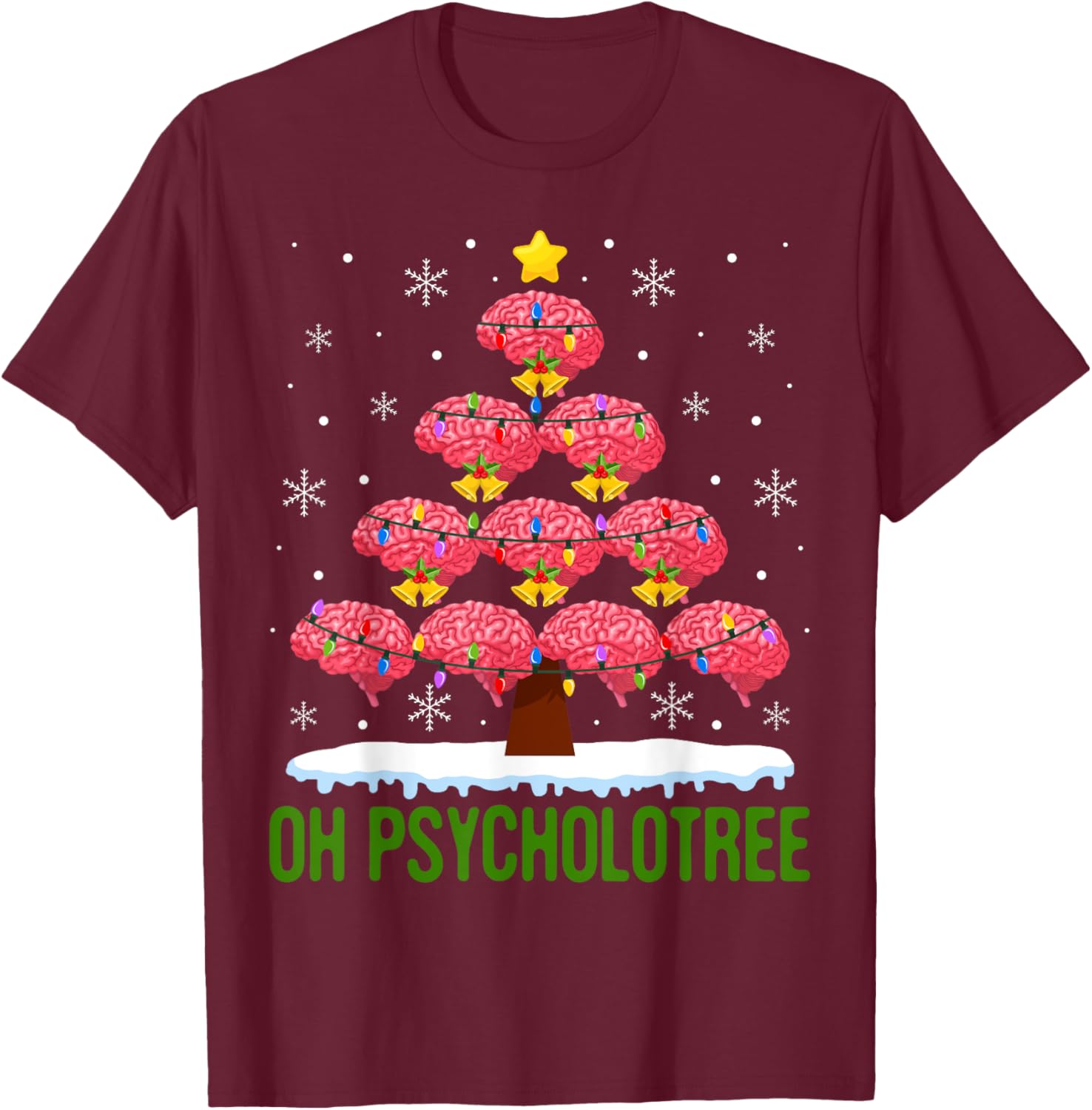 Christmas Tree Oh Psycholotree Psychology Brain Ugly Sweater T-Shirt - T-Shirt | Maroon