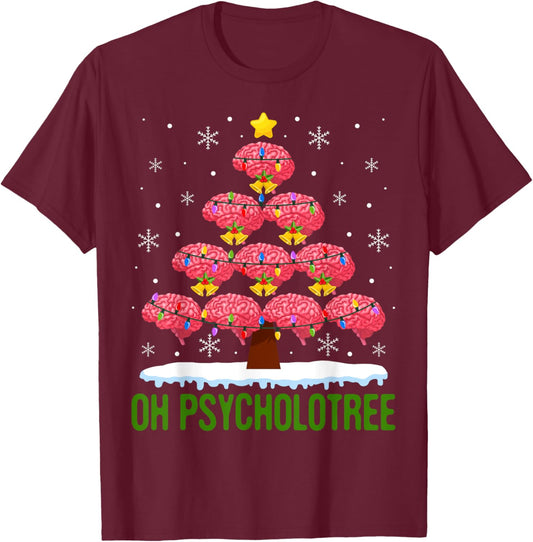 Christmas Tree Oh Psycholotree Psychology Brain Ugly Sweater T-Shirt - T-Shirt | Maroon