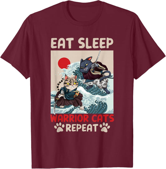 Eat Sleep Warrior Cats Repeat Feline Lover Kitten T-Shirt - T-Shirt | Maroon
