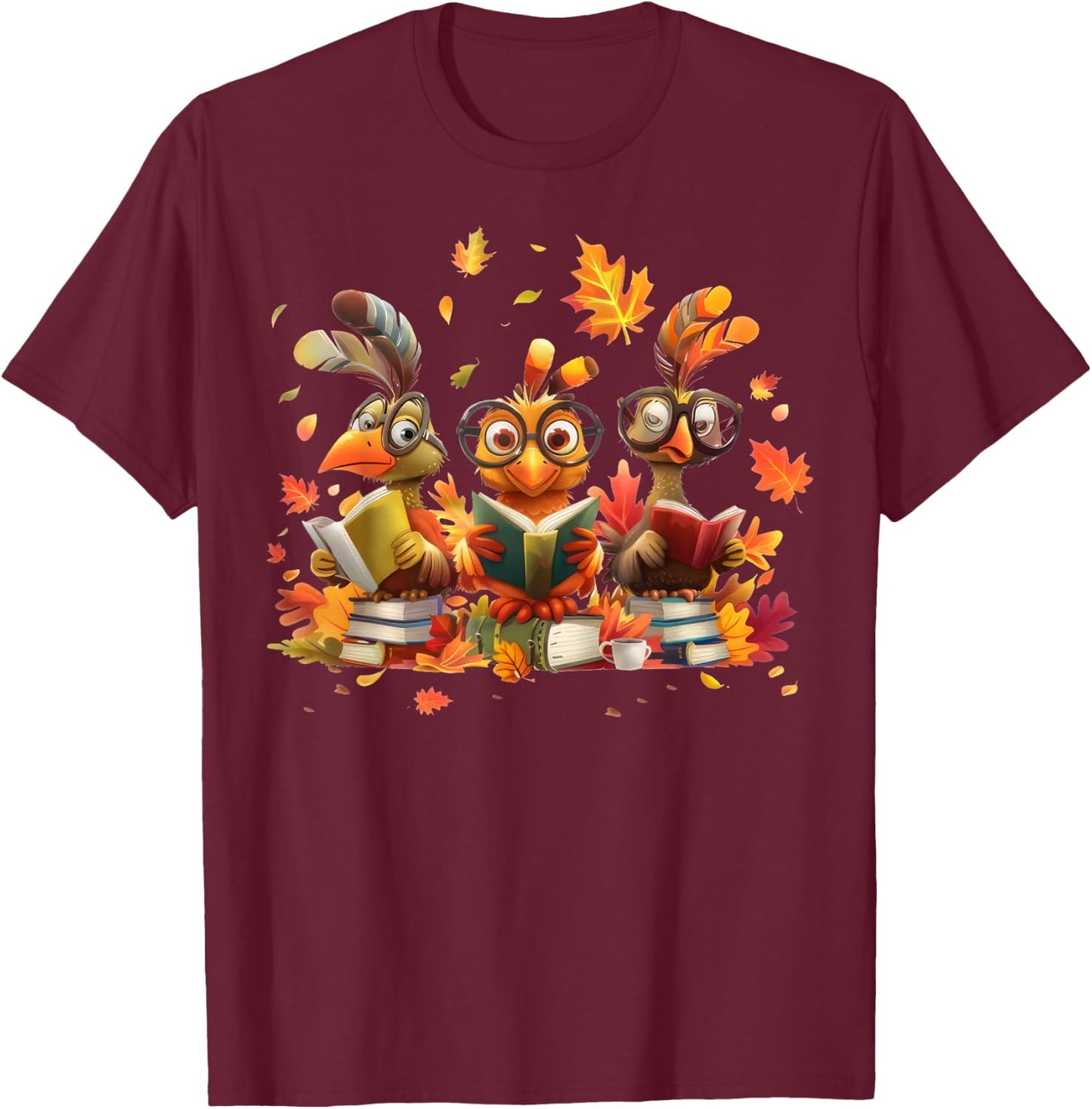 Turkey Glasses Reading Books Thanksgiving Bookworm Teacher T-Shirt - T-Shirt | Maroon