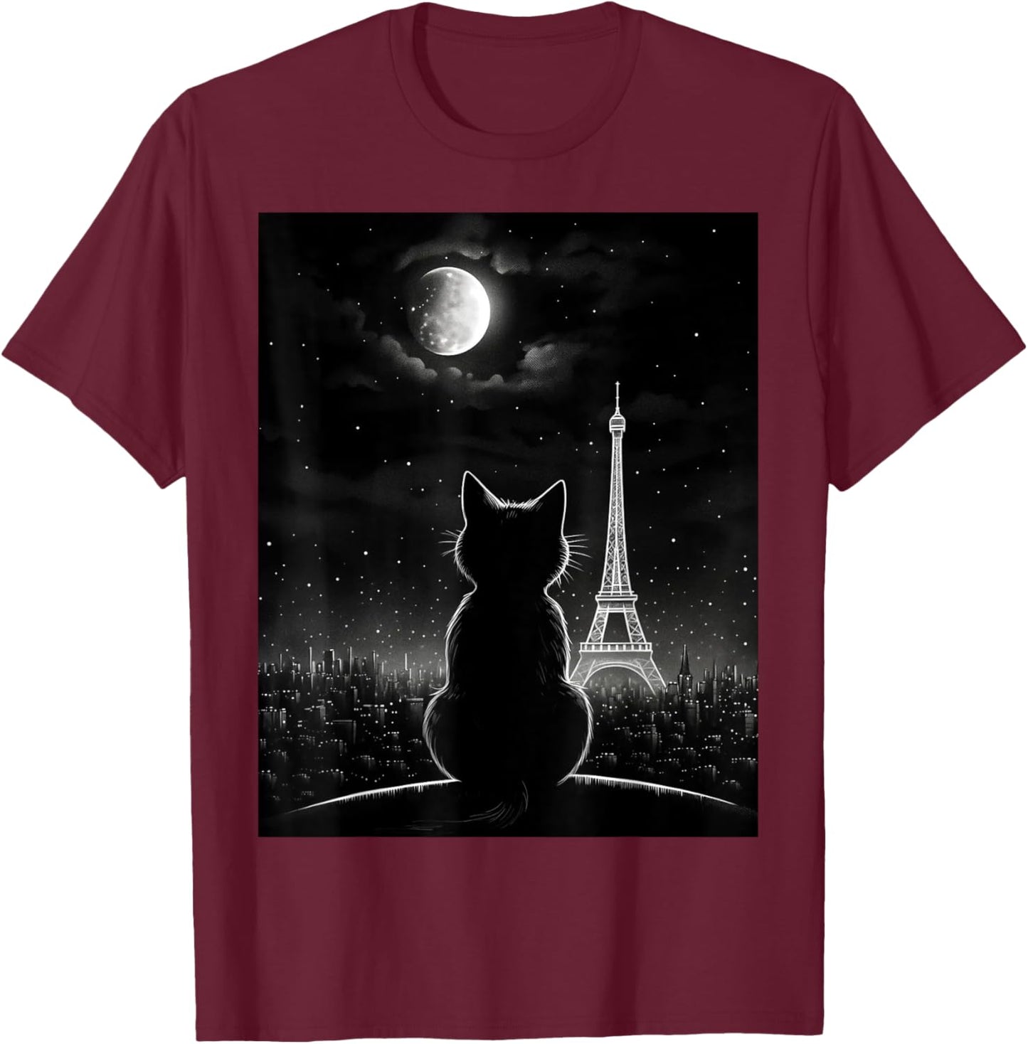 Aesthetic Black Cat Star Night Eiffel Tower In Paris T-Shirt - T-Shirt | Maroon