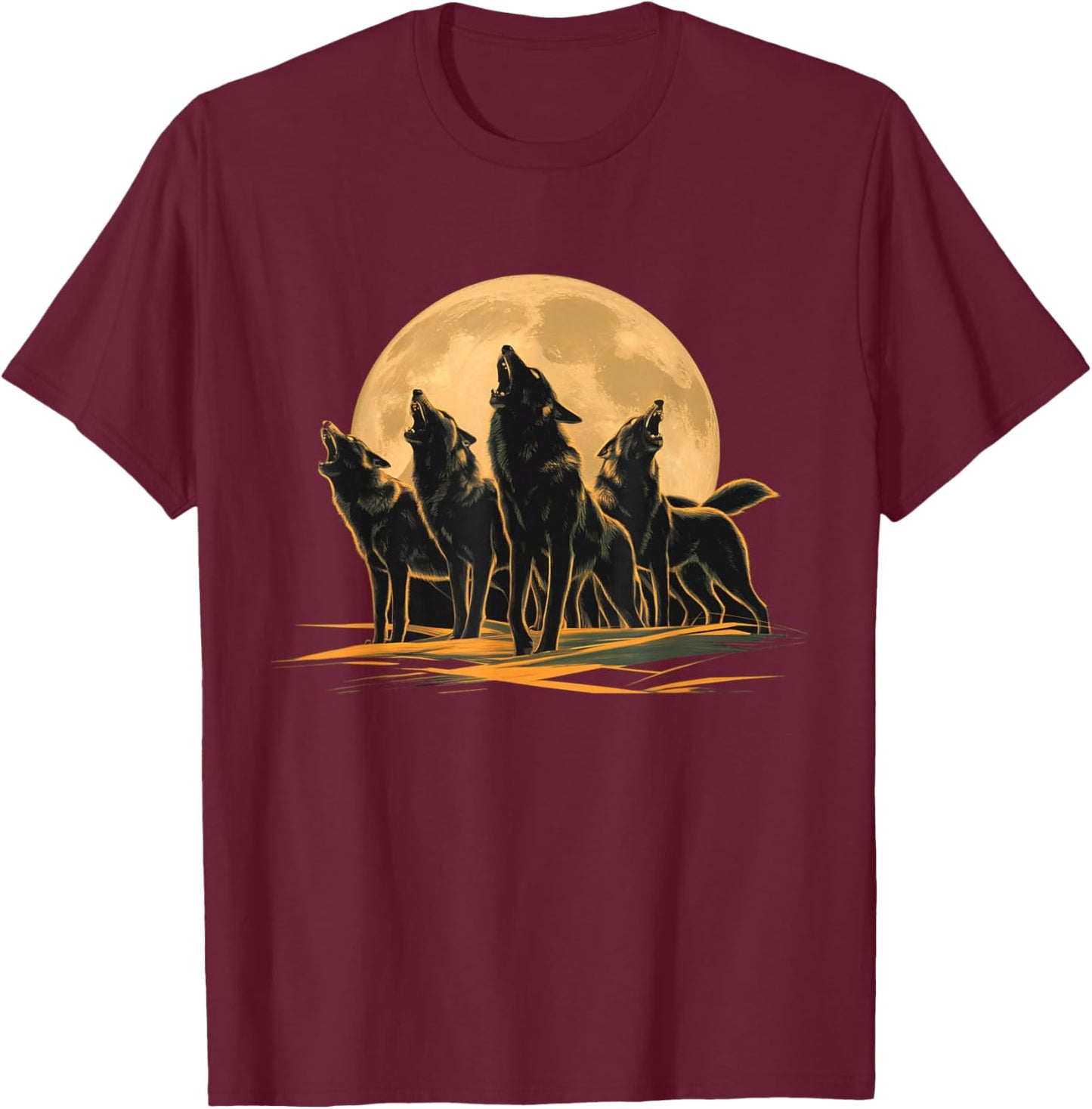 Four Wolves Howling at the Moon T-Shirt - T-Shirt | Maroon