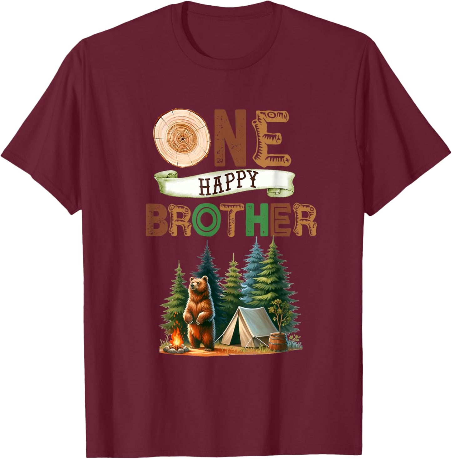 One Happy Brother Camper First Birthday Camping Bear Bro T-Shirt - T-Shirt | Maroon