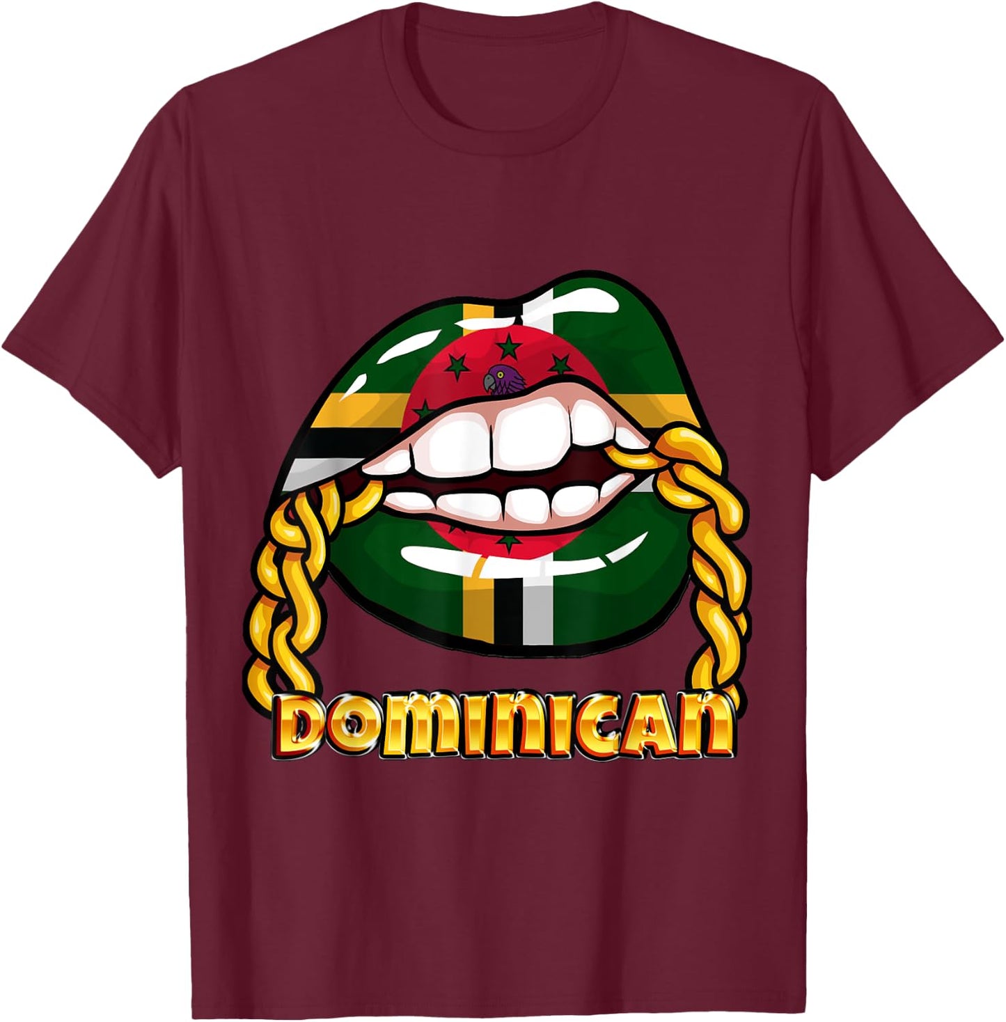 Dominica National Flag Lips with Chain T-Shirt - T-Shirt | Maroon