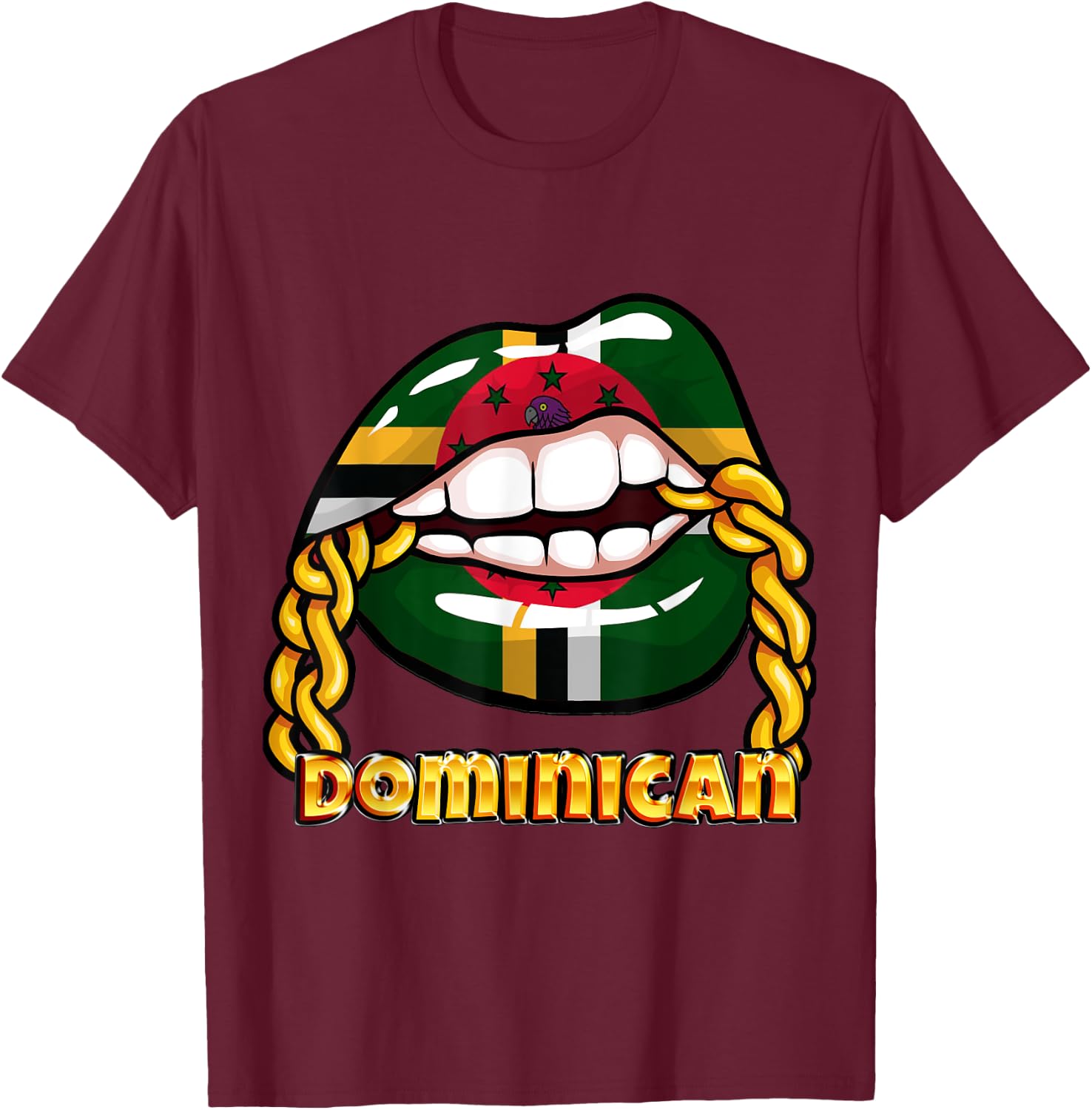 Dominica National Flag Lips with Chain T-Shirt - T-Shirt | Maroon