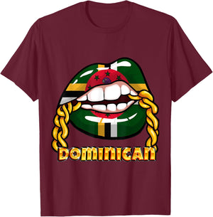 Dominica National Flag Lips with Chain T-Shirt - T-Shirt | Maroon