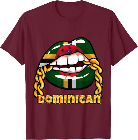 Dominica National Flag Lips with Chain T-Shirt - T-Shirt | Maroon