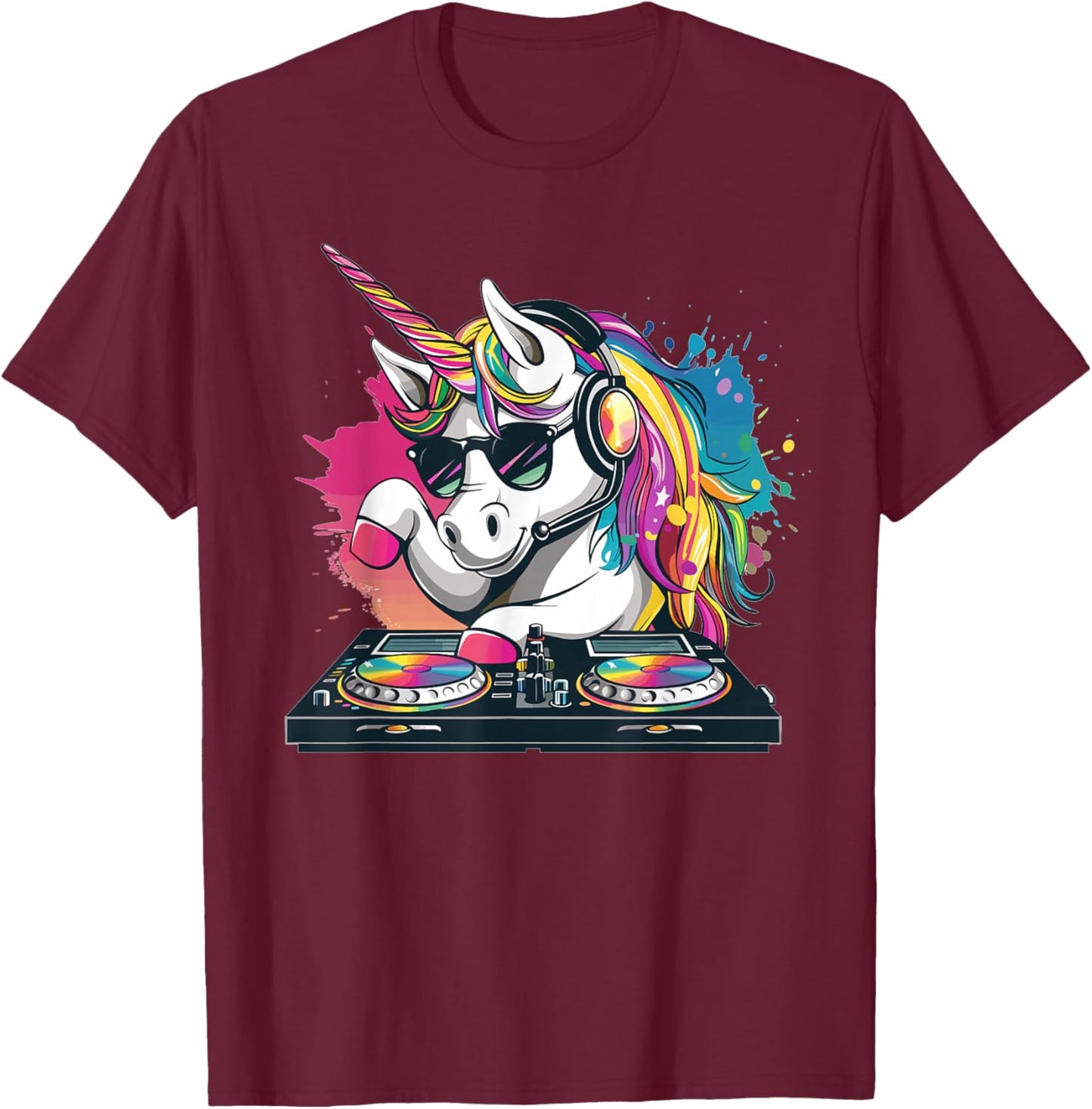 Cartoon Unicorn DJ T-Shirt - T-Shirt | Maroon