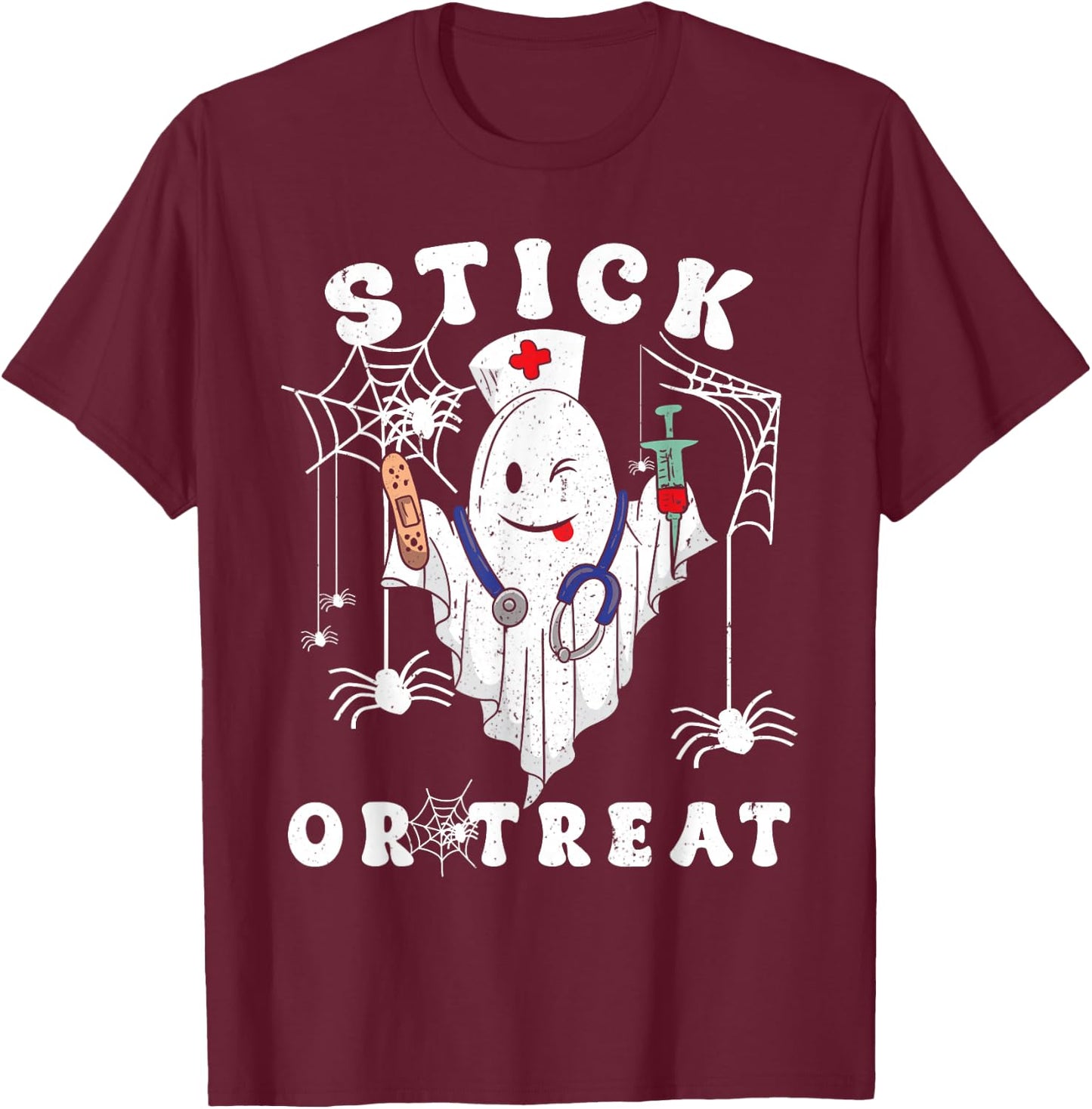 Stick or Treat Nurse Spooky Nurse Costume Funny Halloween T-Shirt - T-Shirt | Maroon
