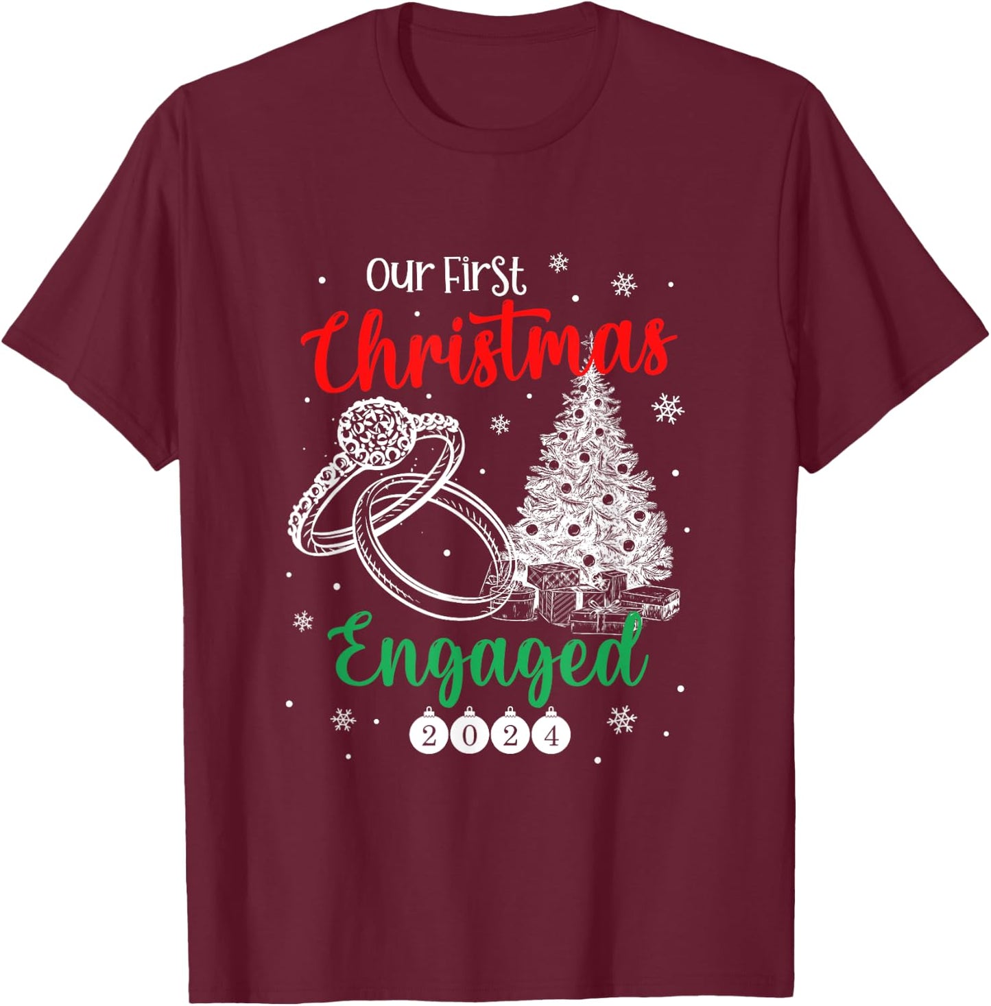 1st Christmas Engaged 2024 Matching Couples Mr and Mrs Xmas T-Shirt - T-Shirt | Maroon