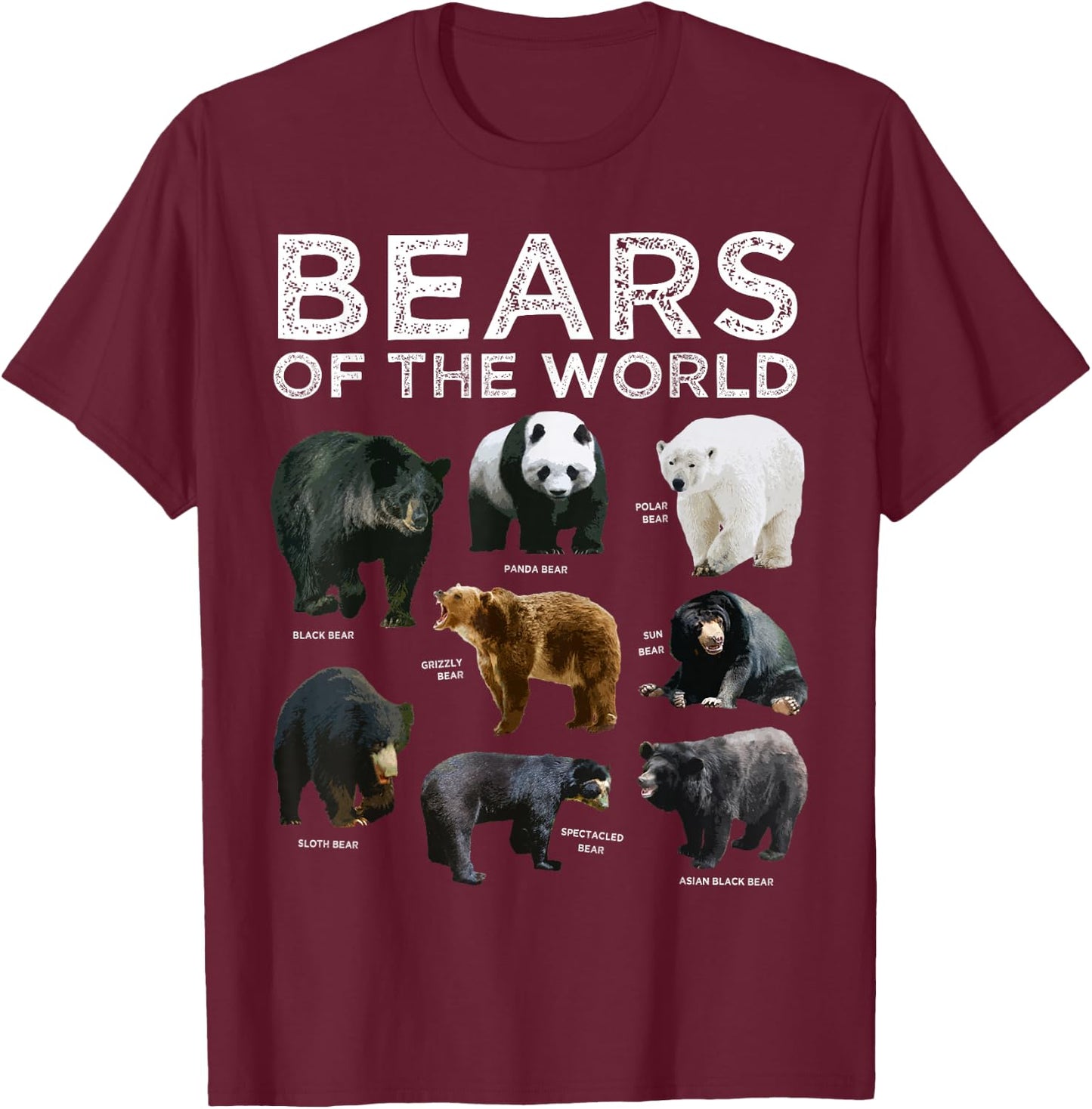 Eight Bears of the World Panda Polar Grizzly Black Cute T-Shirt - T-Shirt | Maroon