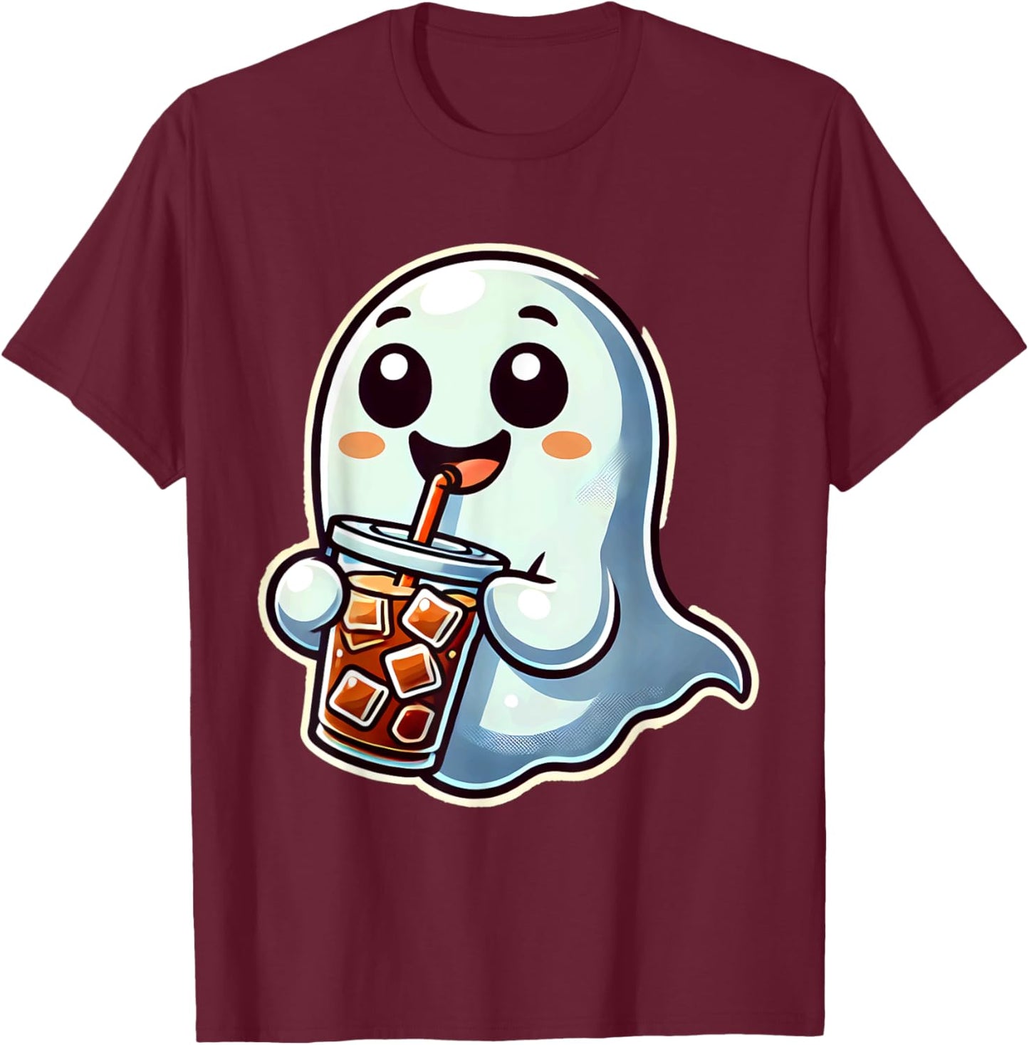 Ghost Drinking Iced Coffee Halloween T-Shirt - T-Shirt | Maroon