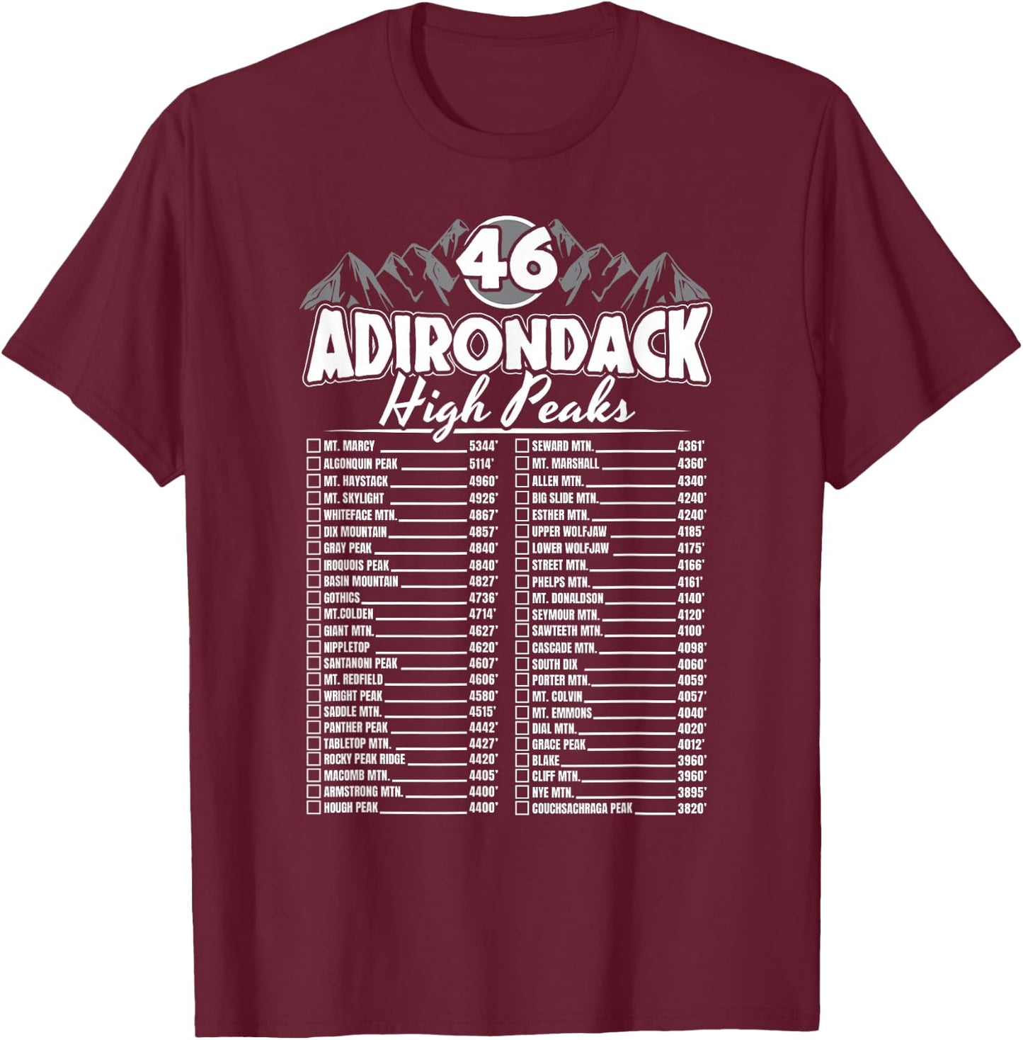 46 Adirondack Mountain Climbing Checklist T-Shirt - T-Shirt | Maroon