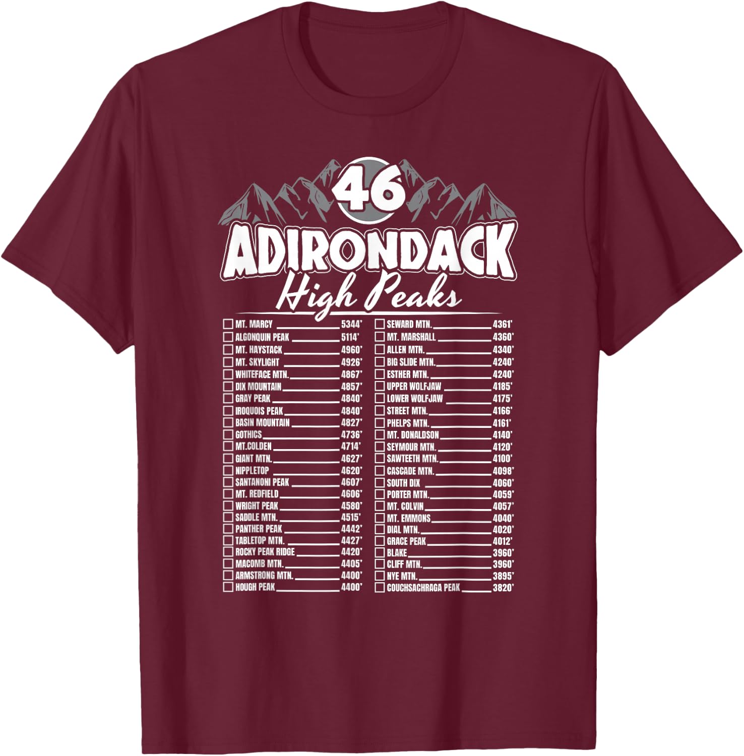 46 Adirondack Mountain Climbing Checklist T-Shirt - T-Shirt | Maroon