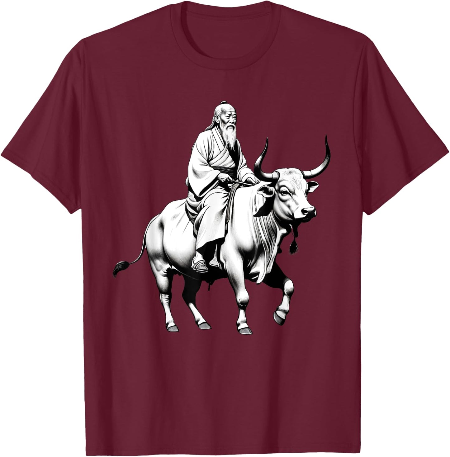Vintage Spiritual Design Lao Tzu Riding An Ox, Tao Te Ching -Adults, -Kids Grey Short Sleeve Classic Fit Polyester T-Shirt - T-Shirt | Maroon