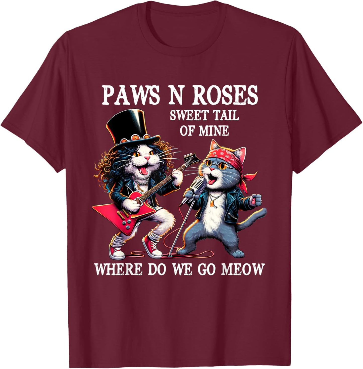 Graphic Funny Cat Animal Vintage Rock Cat Play Guitar Music T-Shirt - T-Shirt | Maroon