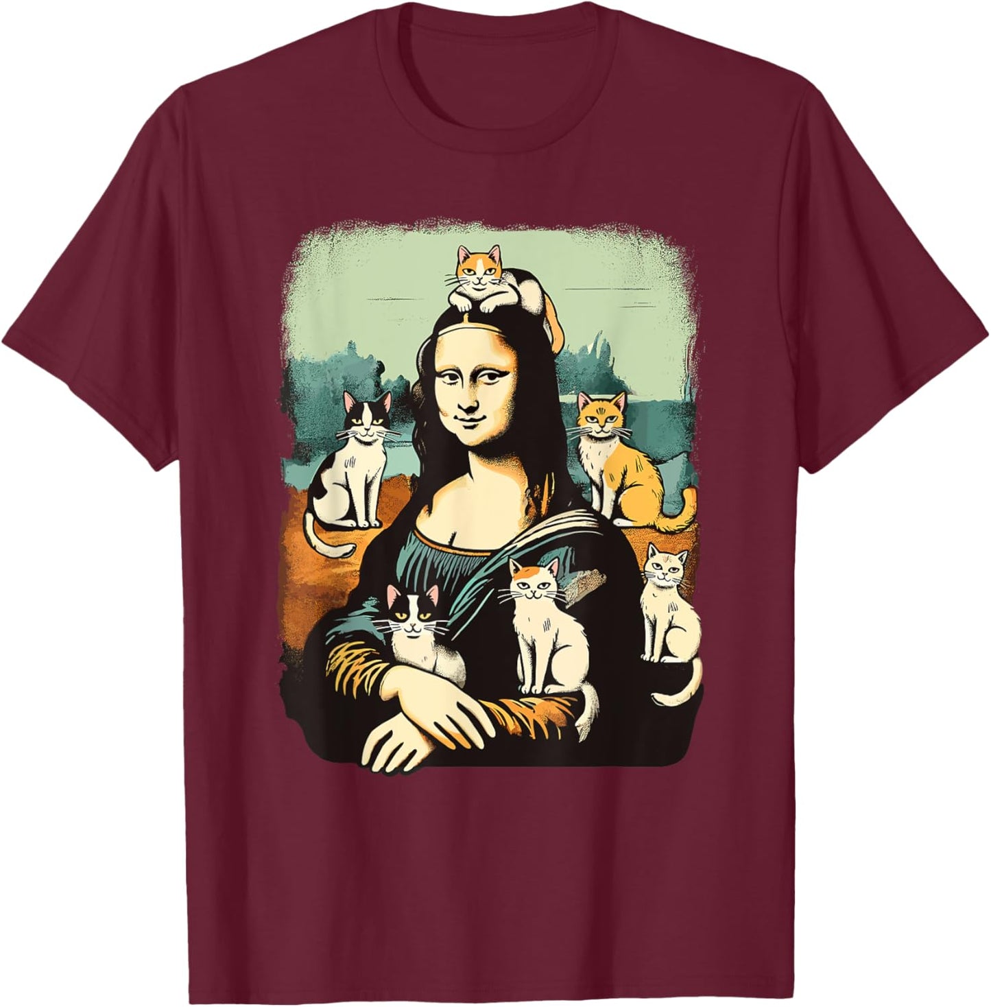 Retro Mona Lisa with Cats Novelty Men Women Kids Funny Cat T-Shirt - T-Shirt | Maroon